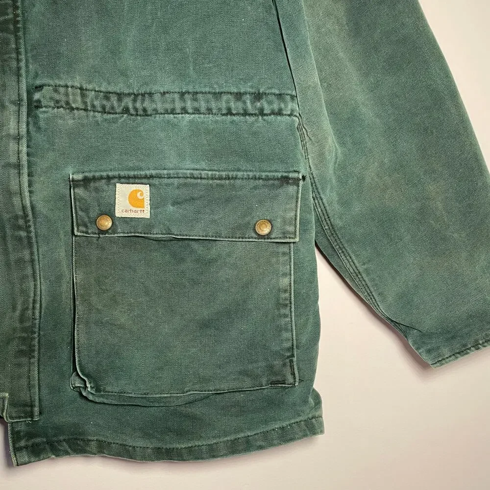 Carhartt Vintage Cape Chore Coat Green Canvas Cotton Front Snap Zip Men's Large